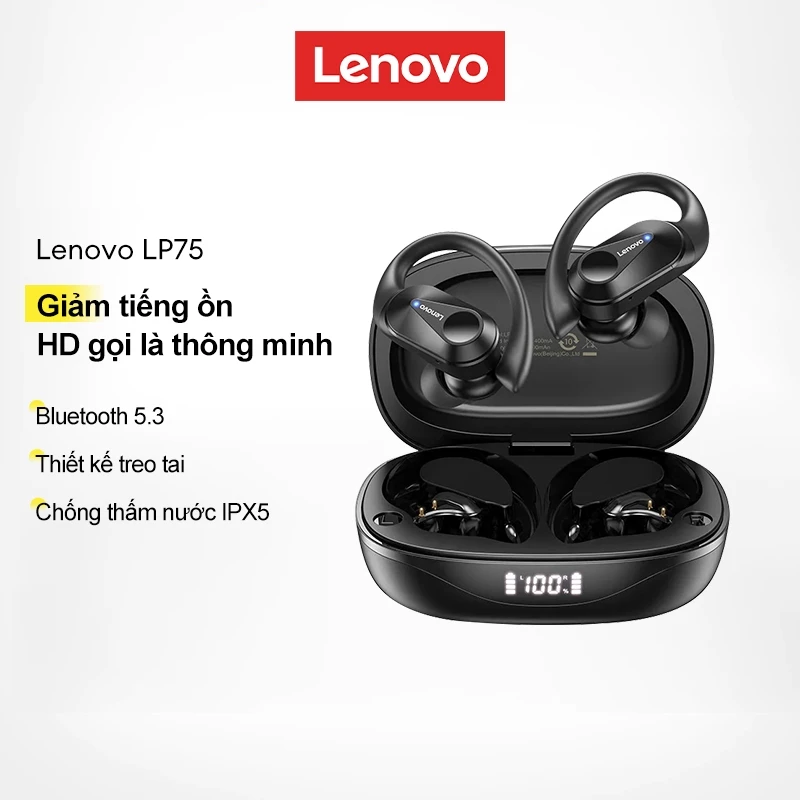 Tai Nghe Bluetooth Lenovo LP75 không Dây Thể Thao  Chống Nước HiFi Stereo Có Bluetooth 5.3