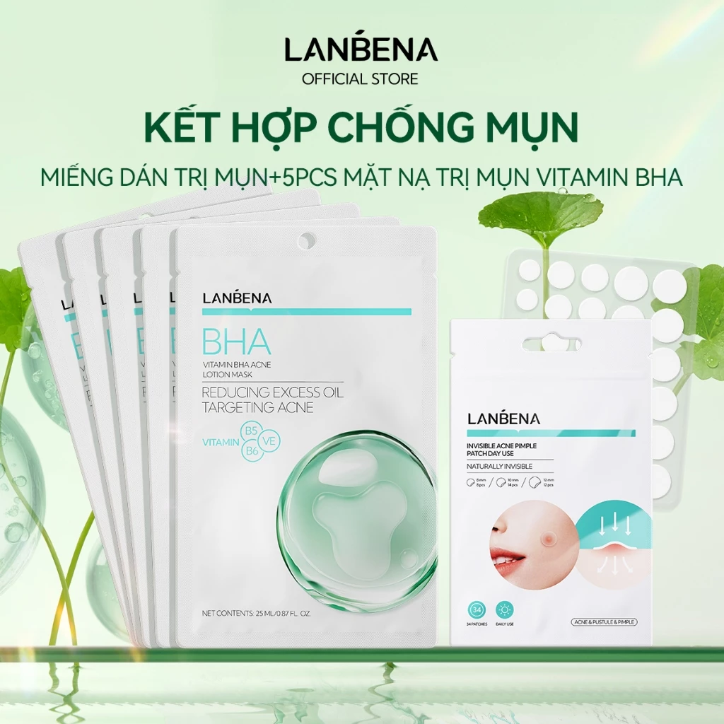 LANBENA Combo 5PCS Mặt Nạ +1PC MIẾNG DÁN MỤN VÔ HÌNH BAN NGÀY(5pcs+1pc)- Vitamin C Chiết Xuất Trái Cây Làm Trắng Sáng Da Chống Lão Hóa  Skincare