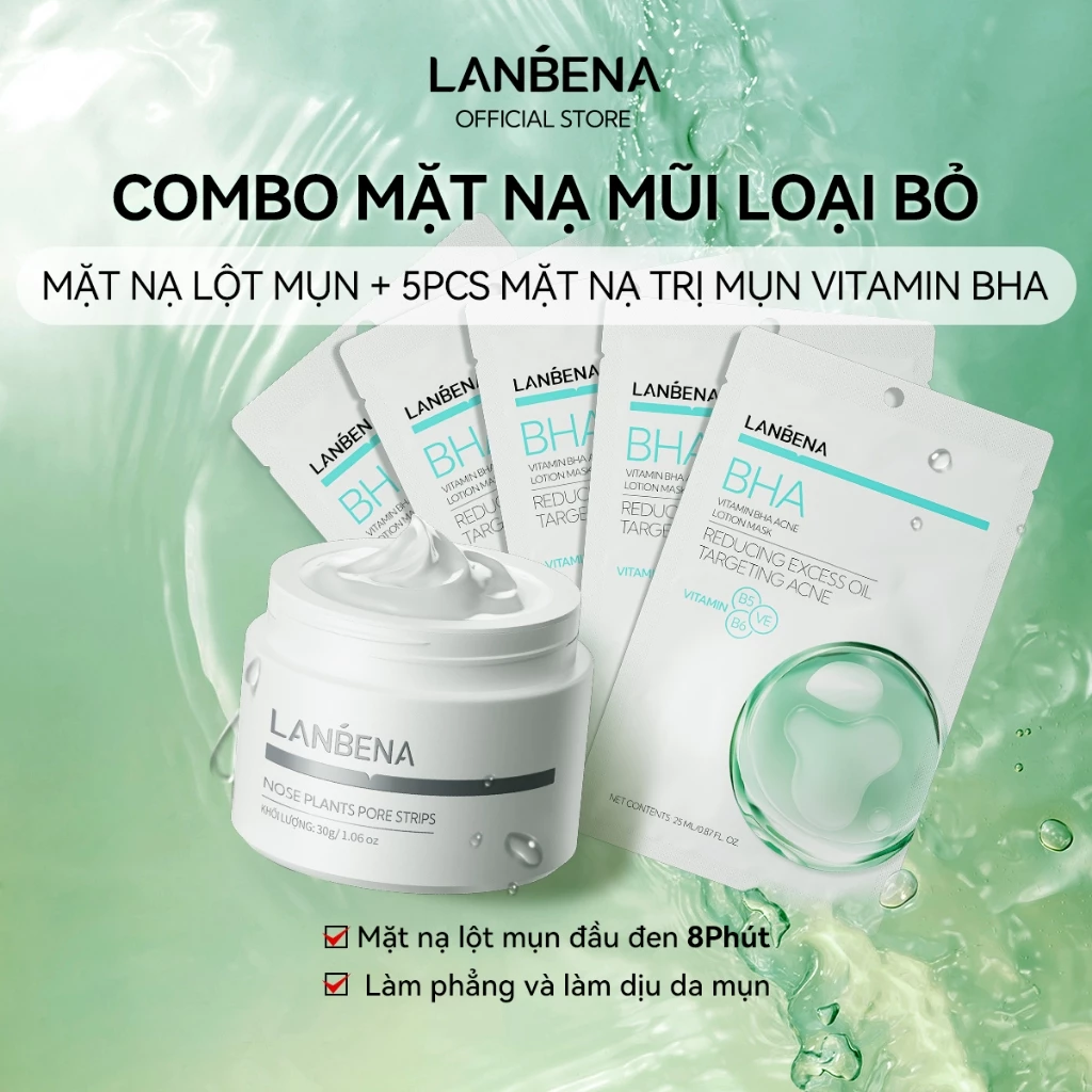 LANBENA COMBO MŨI GEL LỆT MỤN ĐẦU ĐEN+5PCS MẶT NẠ BHA (30g+25ml) -HIỆU QUẢ | MIẾNG DÁN CHĂM SÓC DA Mụn Skincare