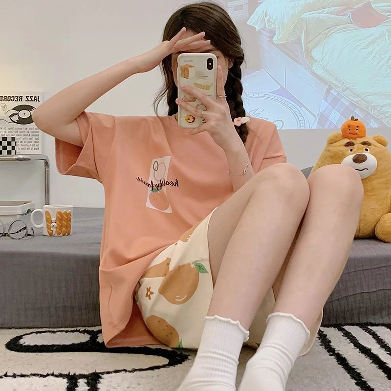 Bộ Đồ Ngủ Nữ Loungewear Hai Mảnh, Tay Ngắn, Cổ Tròn, Họa Tiết Dễ Thương, Thoáng Mát Cho Mùa Hè