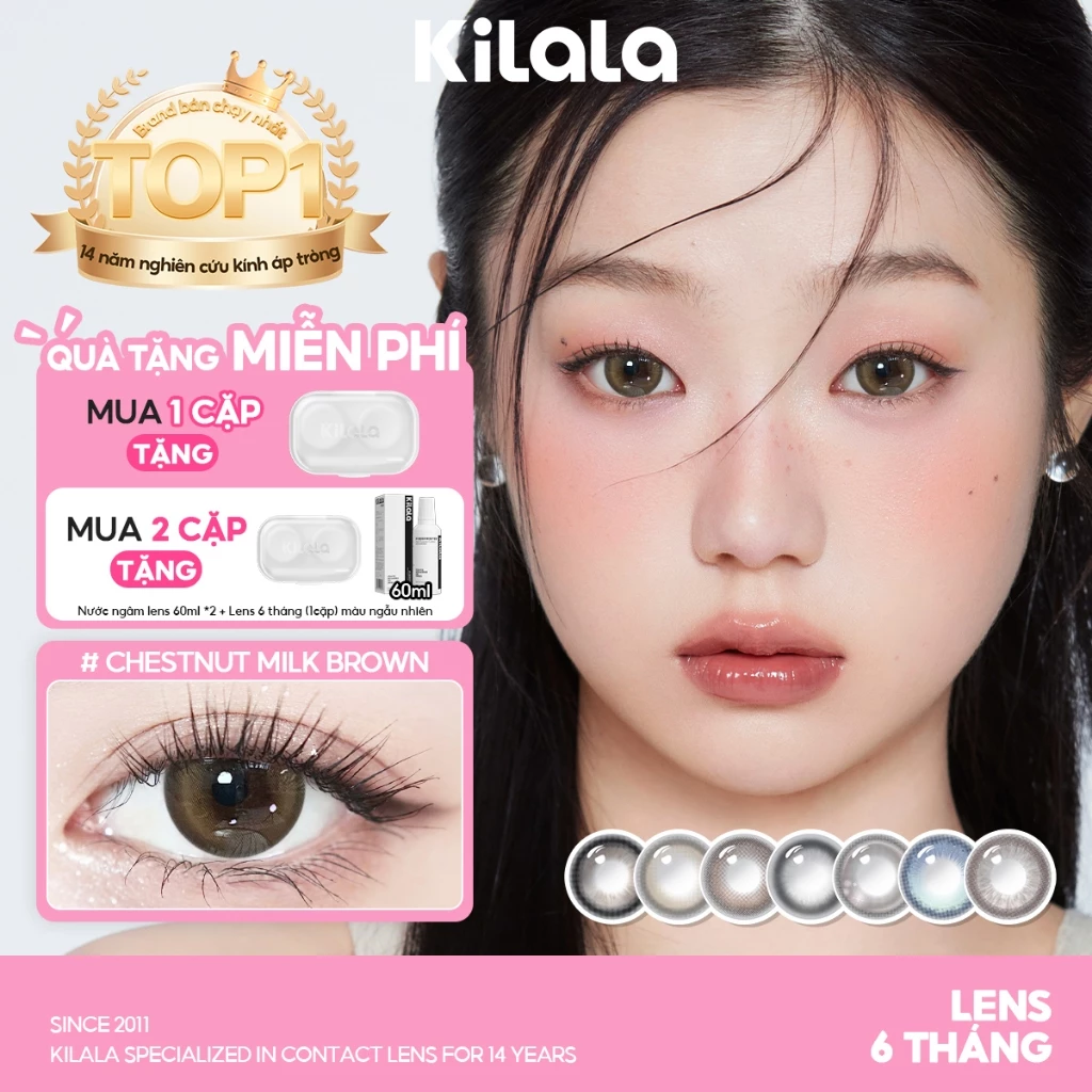 Kính áp tròng Kilala màu nâu Chestnut Milk Brown/White Peach Brown/Lychee Grey lens cận 6 tháng DIA 14.2mm có độ (0-7) 1 chiếc lens