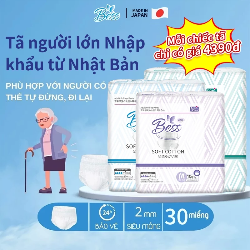 Tã bỉm quần người lớn Bess siêu mỏng siêu thấm 10 miếng size S/M/L/XL