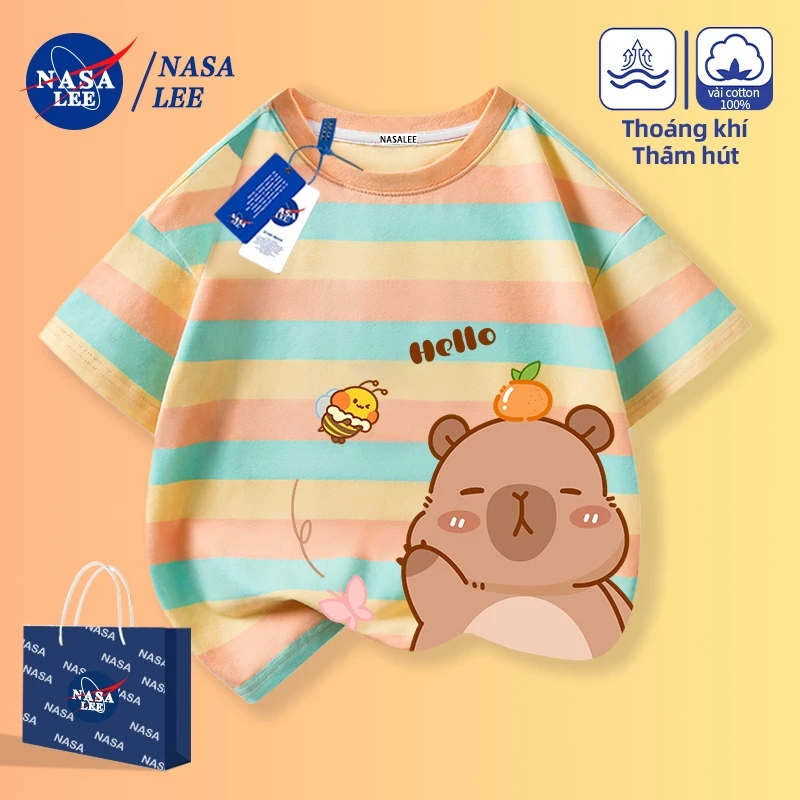 [Giao hàng trong ngày] Áo thun Cotton nguyên chất rộng rãi của NASA Bé trai Bé gái Quần áo trẻ em thoáng khí Dễ thương Kapibara Quần áo thời trang đường phố Việt Nam