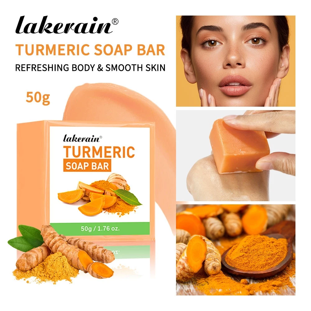 Lakerain Turmeric Kojic Acid Handmade Soap Scrub Refreshing Brightening Cleaning For Exfoliation, Dưỡng ẩm, Làm sạch sâu, Loại bỏ vết thâm, Loại bỏ mụn 50g