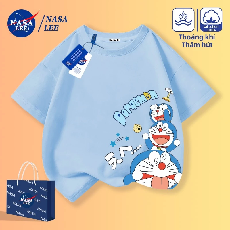 【Giao ngay】Áo thun cotton NASA in Doraemon rộng rãi thoáng mát cho bé trai gái