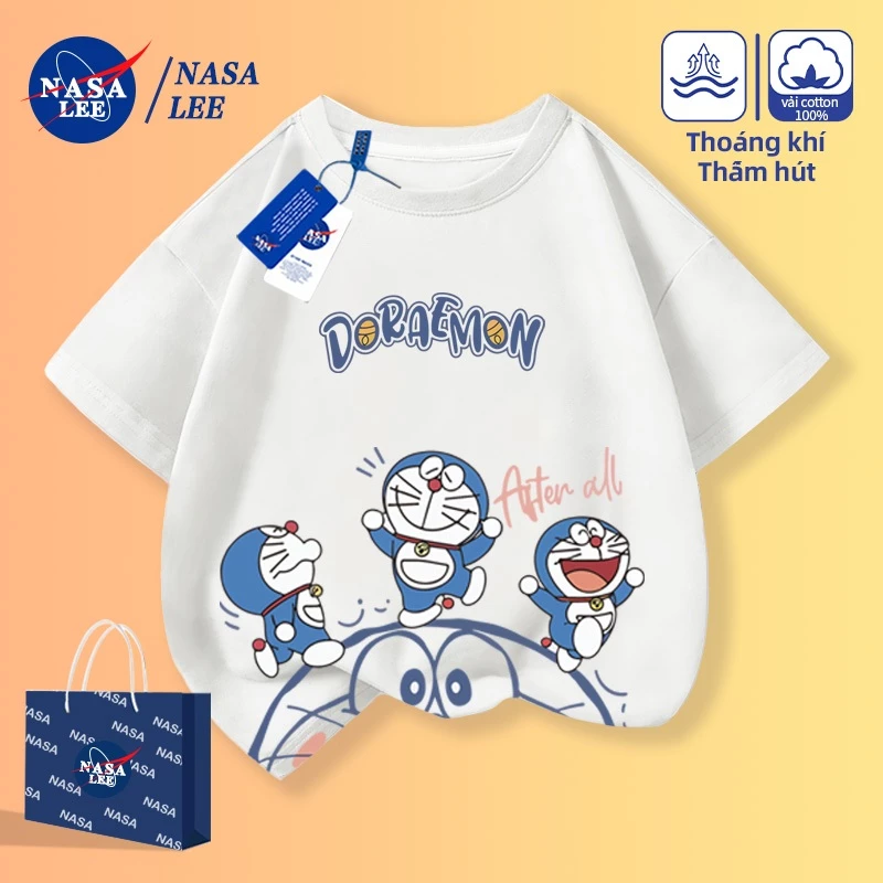 【Giao ngay】Áo thun cotton NASA in Doraemon rộng rãi thoáng mát cho bé trai gái