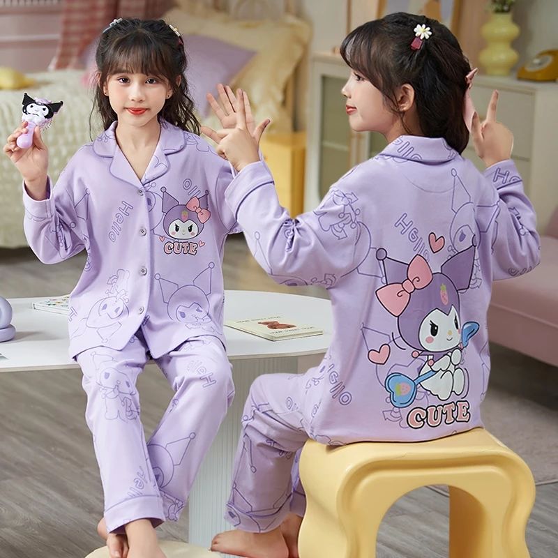 Quần áo ngủ có ve áo dài tay của Snake Kid Đồ ngủ bé gái Kuromi hút ẩm trong 10 - 11 tuổi
