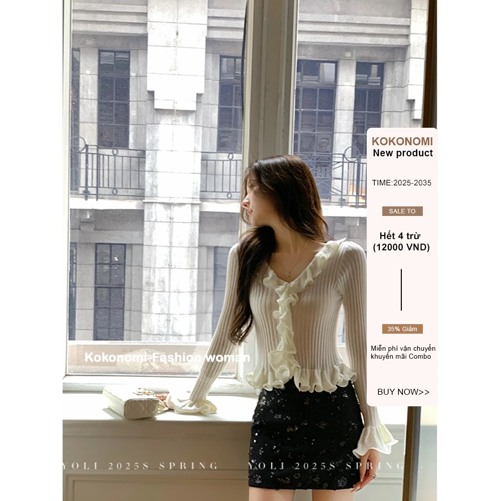 KOKONOMI Áo dệt kim cổ chữ V màu trắng Pure Desire, phù hợp mùa thu