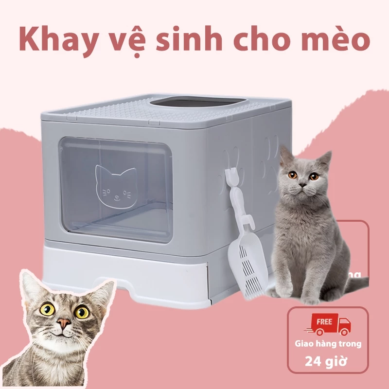 Nhà vệ sinh cho mèo có ngăn kéo khép kín có cửa vào ra riêng chống văng cát kèm xẻng