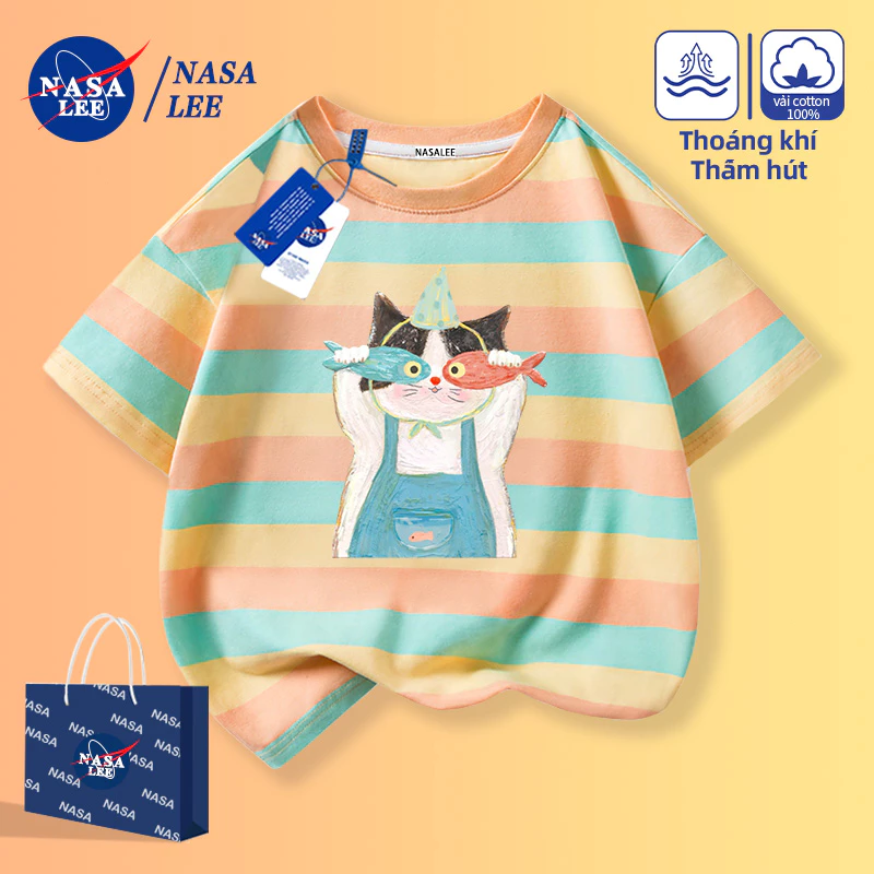 [Giao hàng trong ngày] Áo thun Cotton nguyên chất lỏng của NASA cho bé trai bé gái Quần áo trẻ em thoáng khí Quần áo thời trang mèo con nghịch ngợm