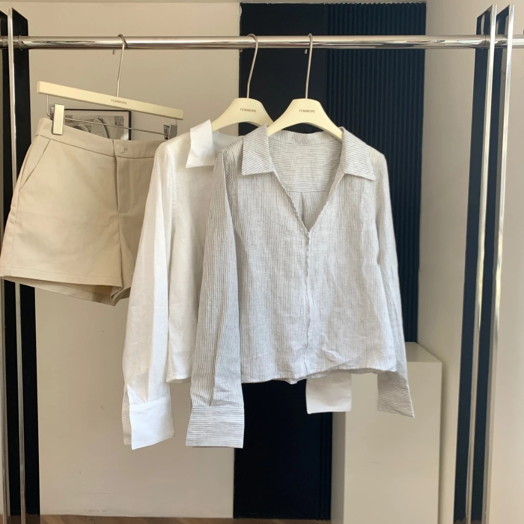 Áo sơ mi cổ chữ V sọc, style đơn giản, phiên bản Hàn Quốc