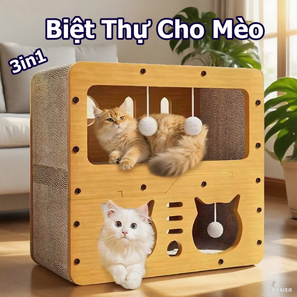 Bàn cào mèo có nhà cho mèo, bàn cào móng đa năng cho mèo, biệt thự mèo hai lớp, ghế sofa mèo