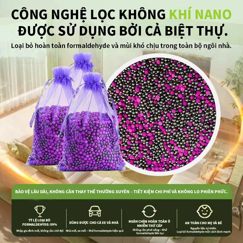 Hạt khử mùi Formaldehyde, đổi màu thể hiện hiệu quả. Khử mùi nhà mới, nội thất khó chịu. Khử mùi xe. Tác dụng nhanh chóng, hiệu quả, an toàn, không tác dụng phụ.