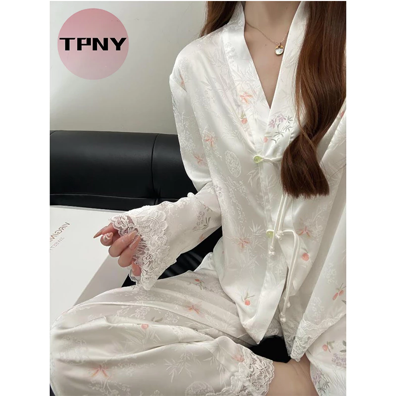 [TPNY]Bộ Đồ Ngủ Nữ Phong Cách Trung Hoa, Ren Băng Lụa Satin, Loungewear Cao Cấp