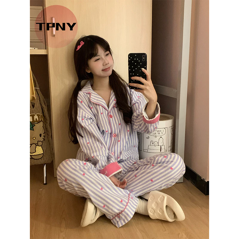 [TPNY] Bộ đồ ngủ nữ sọc in hình trái tim mùa xuân thu Bộ đồ hai mảnh
