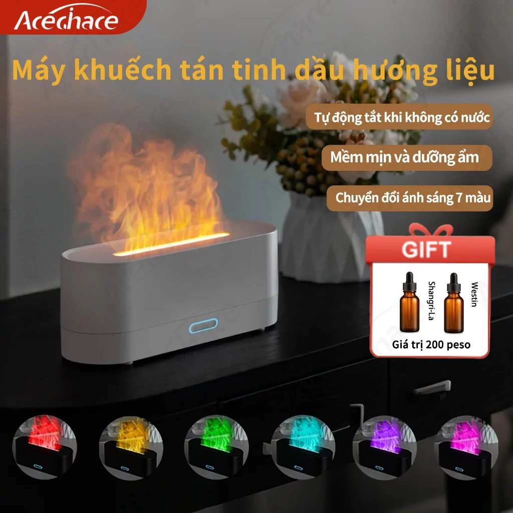 【 ✨Bán Chạy 】ACECHACE | Máy Xông Tinh Dầu Đa Năng - Đèn Ngủ LED 7 Màu, Tạo Lửa Giả - Chạy Siêu êm <50dB - Tặng Kèm Tinh Dầu | Làm Ẩm, Tạo Hương Thơm, Thư Giãn