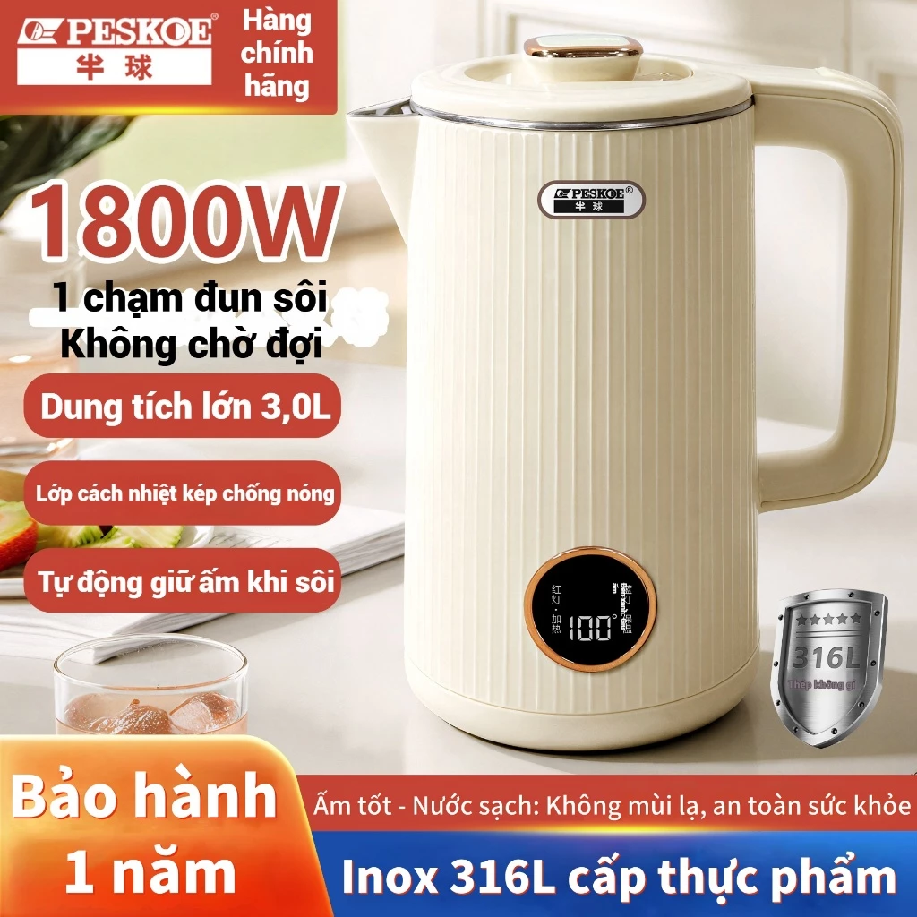 Ấm đun nước điện 3 lít, cách nhiệt hai lớp, tắt nguồn tự động khi đun sôi, công suất 1800W, dễ vệ sinh và an toàn