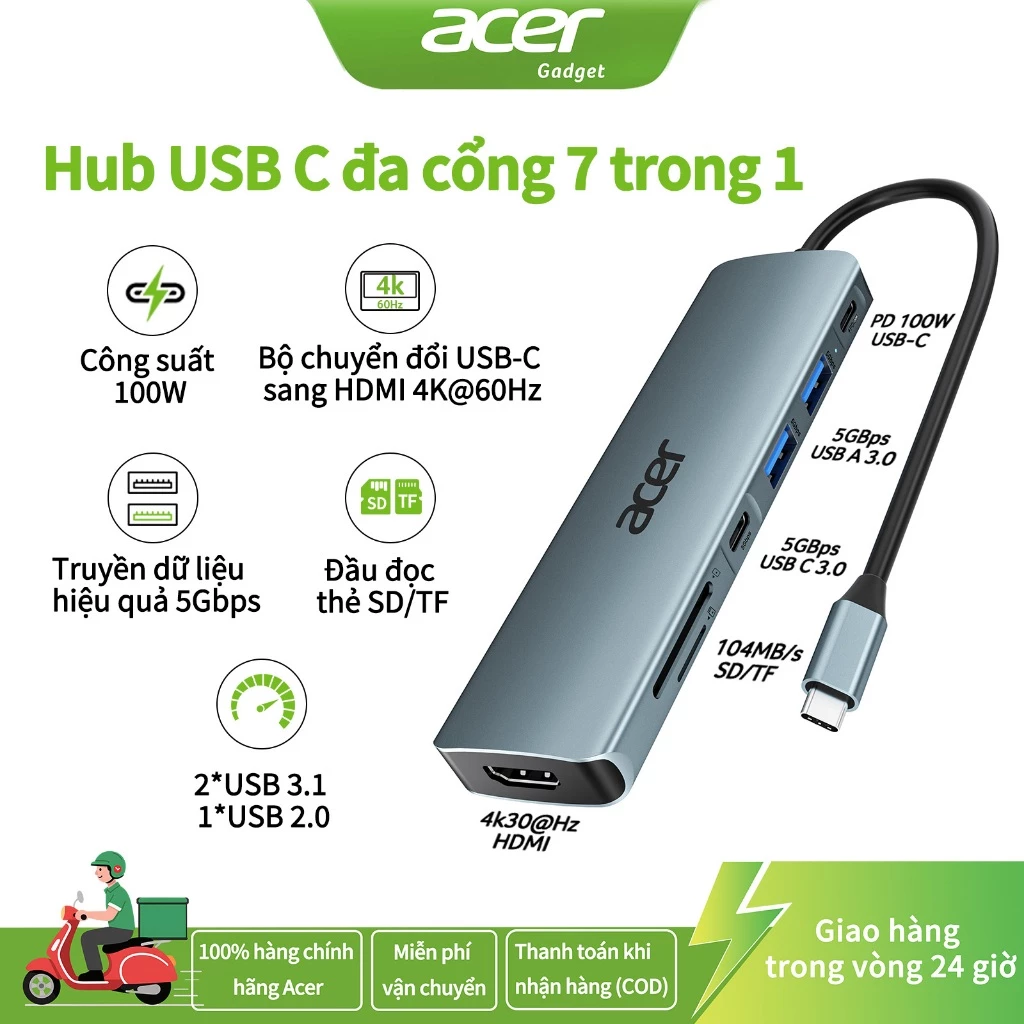 Acer USB C Hub Type-C 3.1 Đến 4K Đầu đọc thẻ USB SD / TF tương thích HDMI PD Sạc nhanh 7 trong 1 USB Dock cho Macbook PC iPad