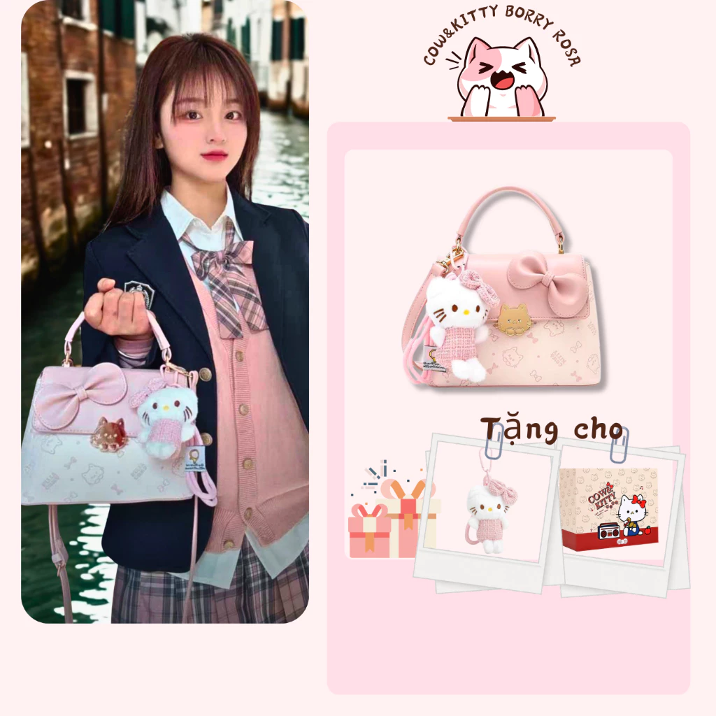BORRY ROSA / COW & KITTY Túi xách đeo chéo màu hồng túi giỏ màu hồng có khóa kéo và bùa chú mèo, túi tote dành cho nữ