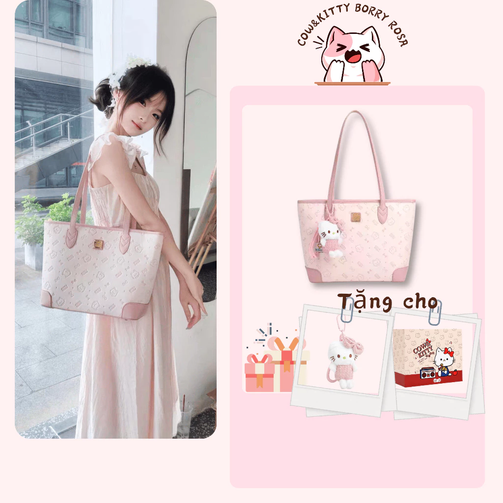 Cow&Kitty/BORRY ROSA Túi Tote màu hồng Túi xách màu hồng phong cách dễ thương cho mèo Túi Hello Kitty