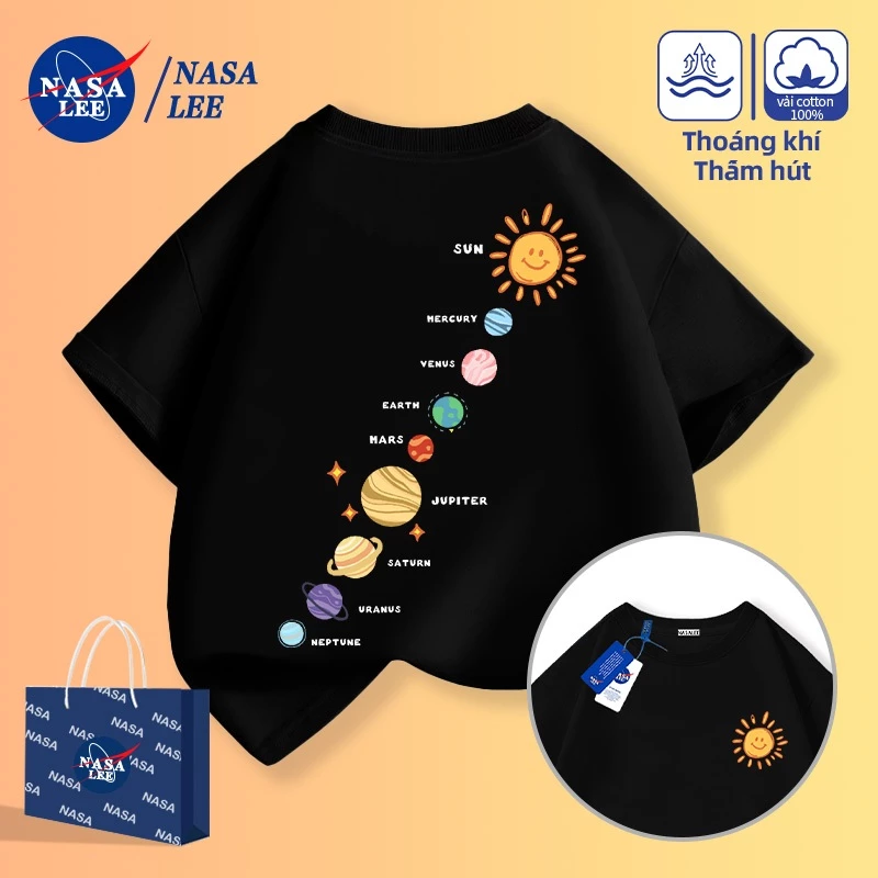[Giao hàng trong ngày] Áo thun Cotton nguyên chất rộng rãi của NASA Bé trai Bé gái Quần áo trẻ em thoáng khí Tám hành tinh Quần áo thời trang đường phố Việt Nam