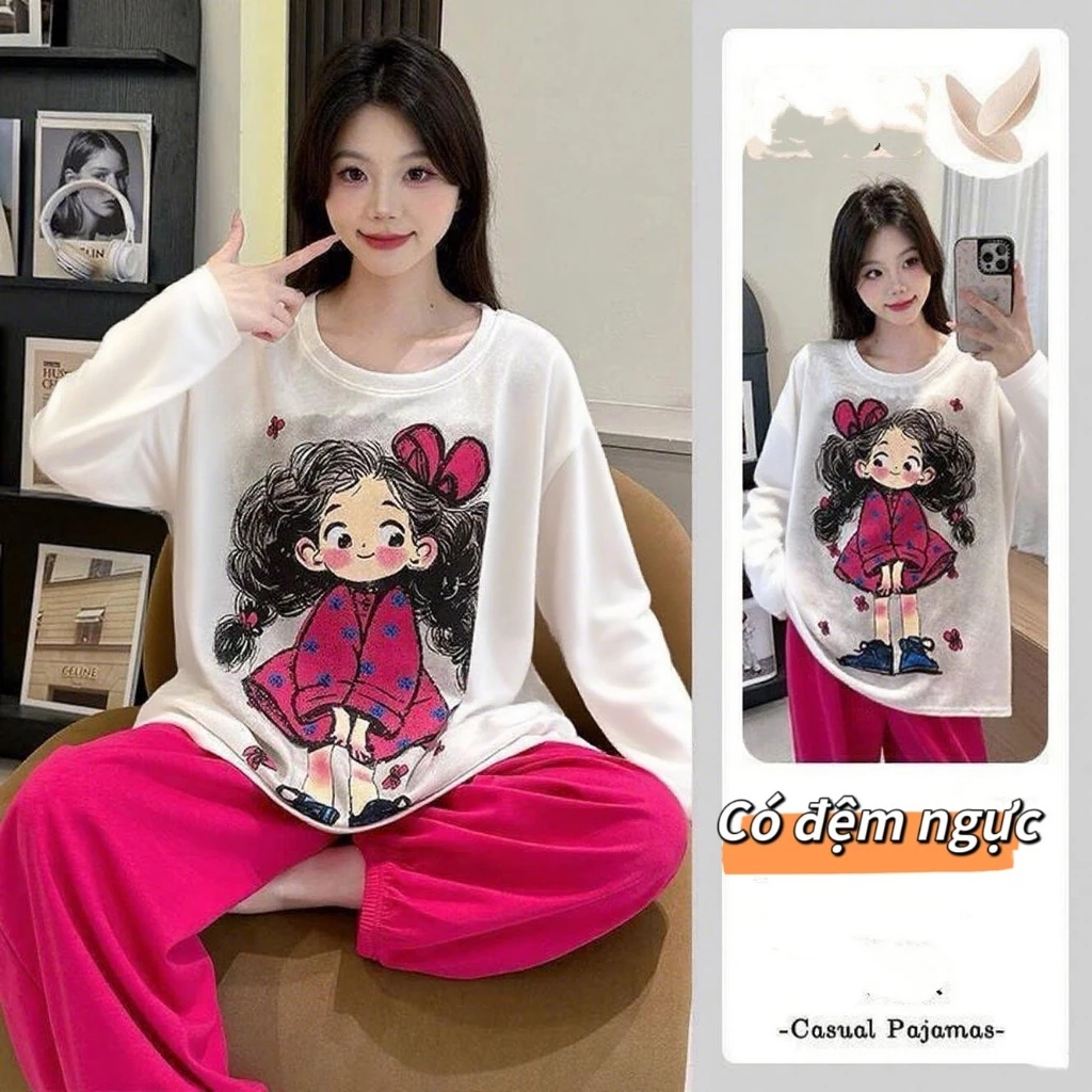 【Đã có sẵn đệm ngực】Bộ đồ ngủ nữ | Cloud Cotton (mây bông) | Có đệm ngực | Form rộng | In hoạt hình | Đồ mặc nhà | Tay dài | Chất lượng cao | Mùa Thu Mùa Xuân