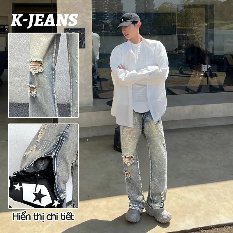 K-JEANS Quần jean nam ống suông rách gối , retro wash slim quần bò nam boy phố chất jean bò cao cấp jean nam dáng thời trang mỹ Rách Phong Cách dây kéo xẻ ống hottrend