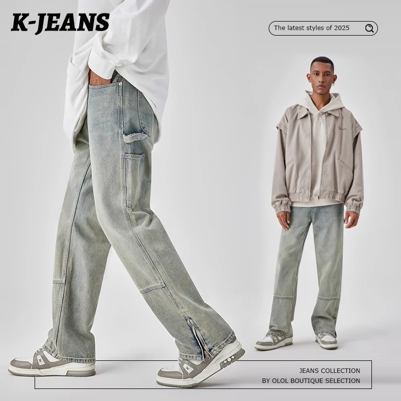 K-JEANS Quần jean nam phong cách American retro Form ống suông rộng rửa bạc Quần khóa kéo unisex chất liệu denim