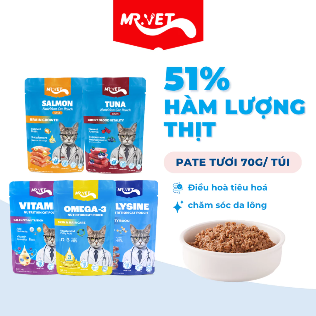 Pate Cho Mèo MRVET Gói 70G Bổ Sung Omega 3, Vitamin, L-Lysine Điều Hòa Tiêu Hóa, Tăng Đề Kháng