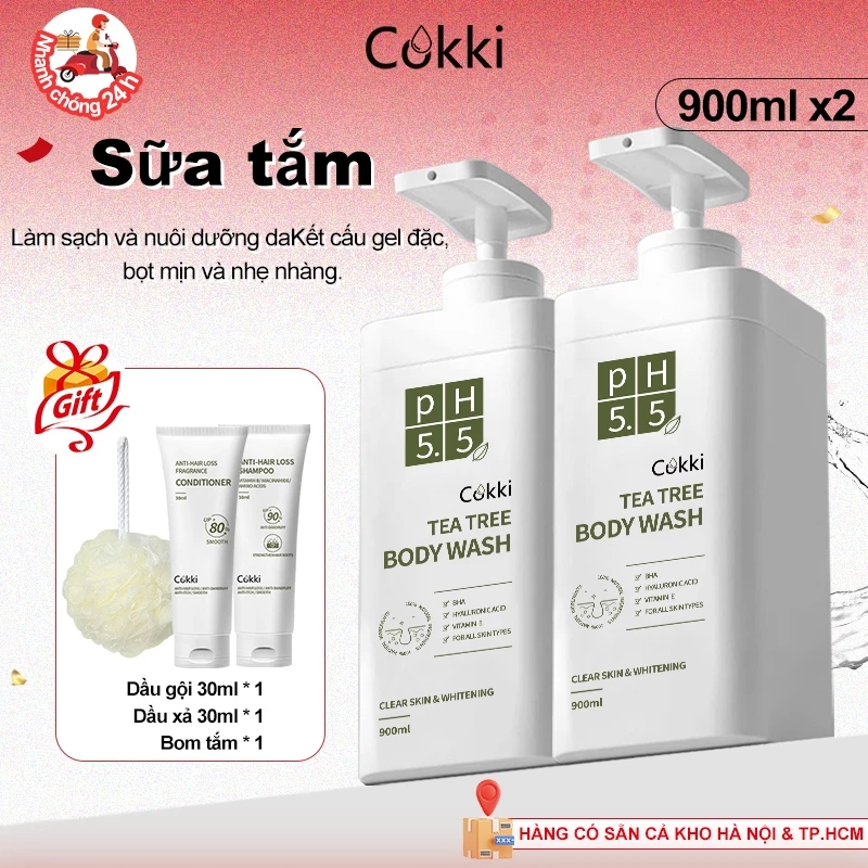 Sữa Tắm Tràm Trà Cokki BIG SIZE 900ml - Công Thức pH 5.5 Dịu Nhẹ Cho Da Nhạy Cảm - BHA & Vitamin E Loại Bỏ Dầu Thừa & Sạch Sâu Lỗ Chân Lông - Phù Hợp Cho Cả Nam & Nữ