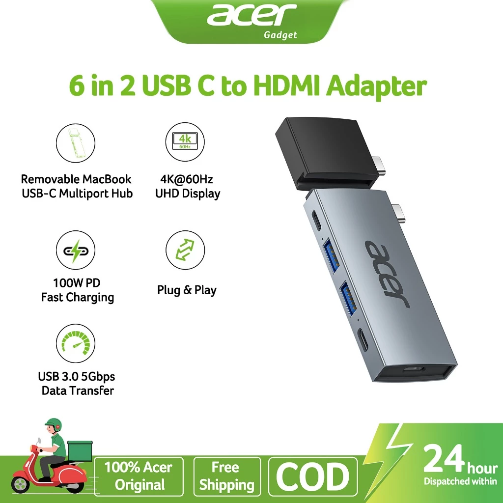 Acer 6 trong 2 Bộ chuyển đổi USB C Mac HDMI đa cổng Hub Dongle cho MacBook Pro / Air với 4K @ 60Hz Tương thích với Thunderbolt 3 / 4 100W PD Sạc 2 cổng dữ liệu USBA & 2 cổng dữ liệu USBC 3.0