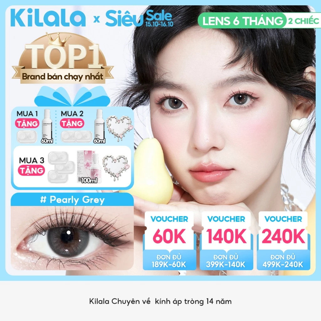 Kính áp tròng Kilala màu xám Pearly Grey lens cận 6 tháng DIA 14.2mm có độ (0-8) 1 cặp