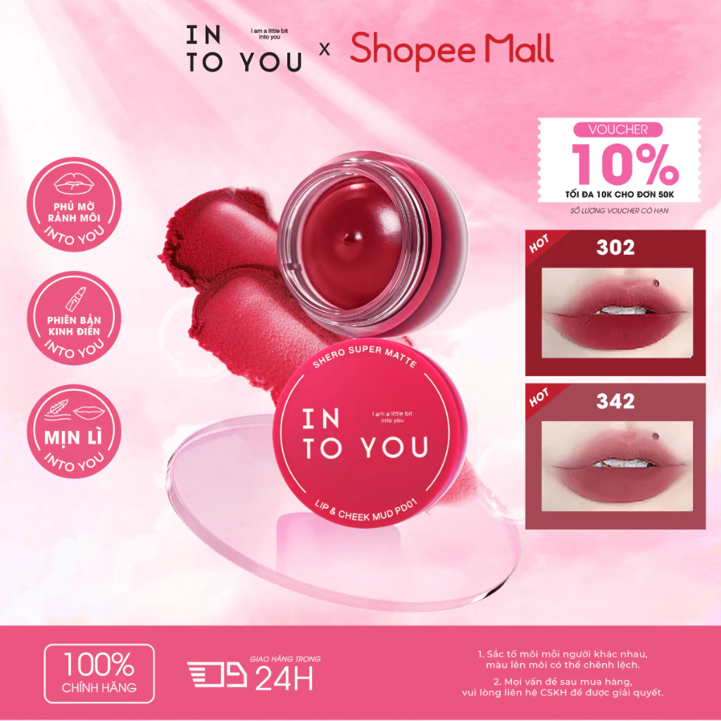 Son Bùn Dạng Hũ INTO YOU Cosmetic Mịn Lì Dùng Cho Cả Môi Và Má Trọng Lượng Lớn PD01 5g
