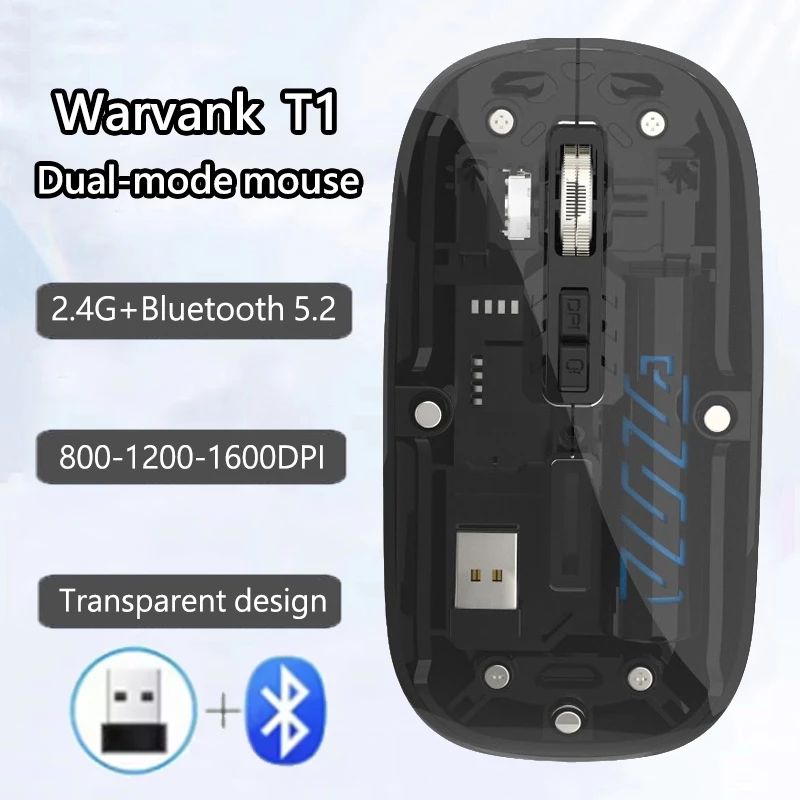 Chuột không dây trong suốt Warvank T1 Chế độ kép 2.4G Chuột im lặng có thể sạc lại tương thích Bluetooth cho iPad PC Laptop