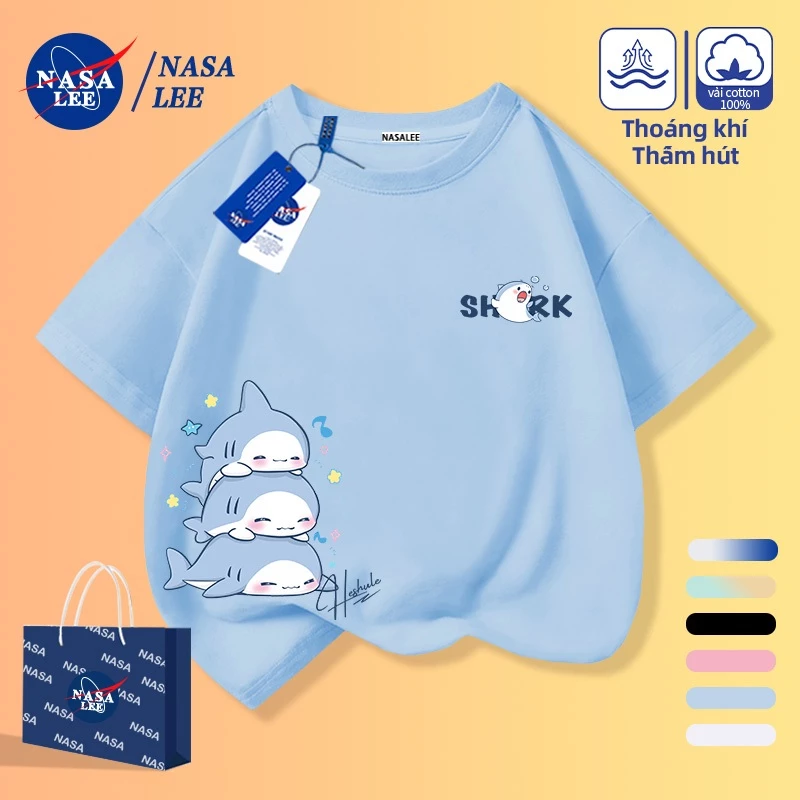 [Giao hàng trong ngày] Áo thun Cotton nguyên chất lỏng của NASA cho bé trai bé gái Quần áo trẻ em dễ thương cá mập thoáng khí Quần áo thời trang đường phố