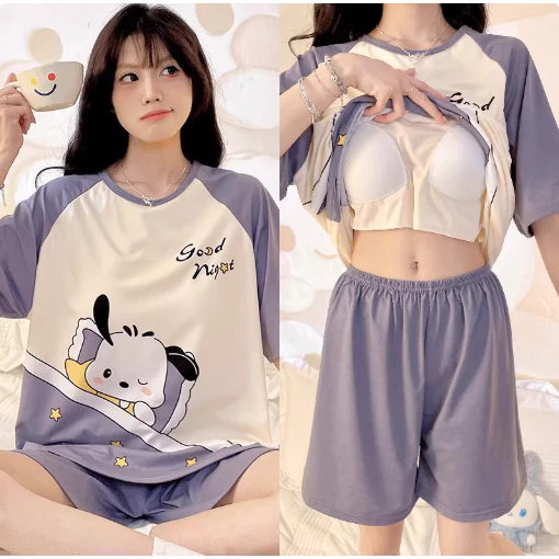 【Mã giảm giá-MI3PF738】Bộ đồ ngủ ngắn tay kèm áo ngực mút quần short thoải mái thoáng khí họa tiết hoạt hình dễ thương phù hợp mặc ở nhà và khi ra ngoài