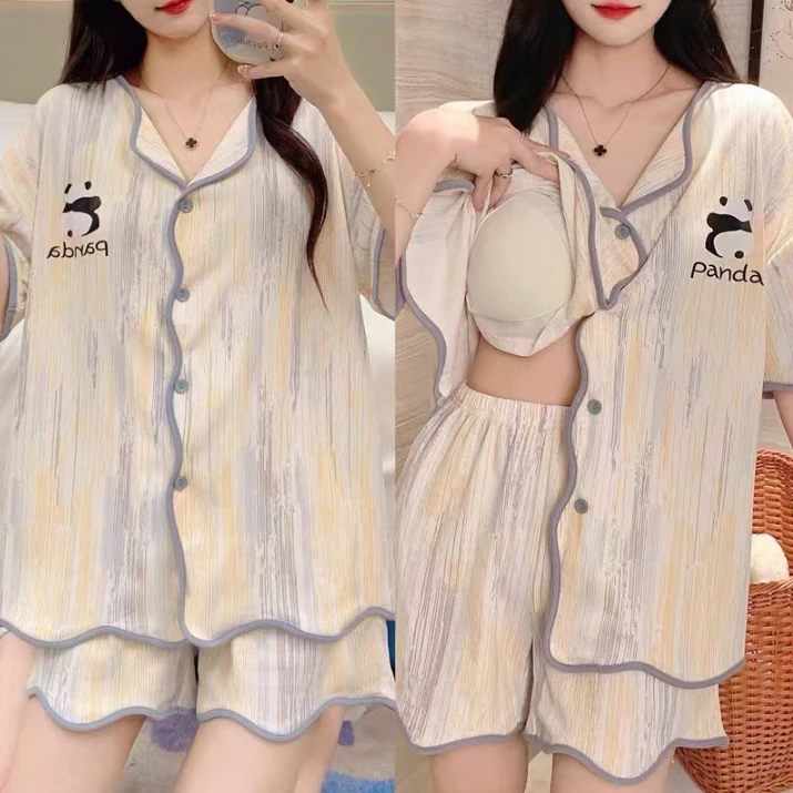 【Áo cotton hot trend có miếng lót ngực】Bộ đồ ngủ mùa hè chất liệu chống ẩm, thoáng khí, áo khoác mỏng tay ngắn + quần đùi, thiết kế thời trang cá tính, đồ bộ mặc nhà & ngủ mát mẻ