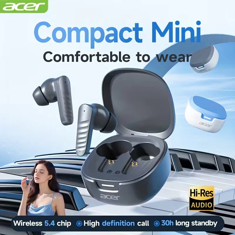 Acer Tai Nghe ko dây Bluetooth 5.4 chơi game chính hãng 30H Thời gian chơi dài 2 Mics cho AI Cuộc gọi rõ ràng Giảm tiếng ồn các môn thể thao BHT03