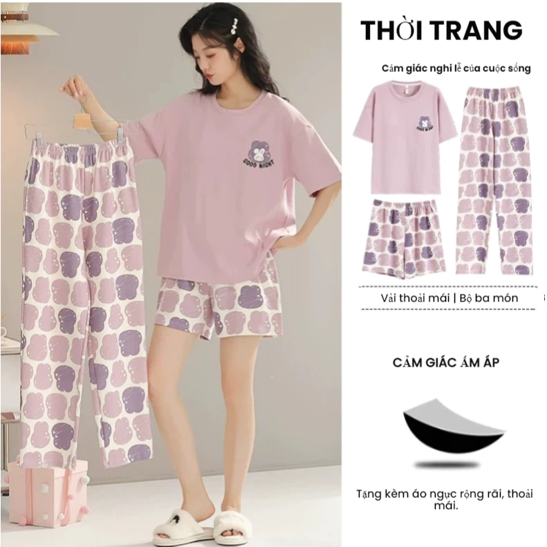 [CÓ MIẾNG LÓT NGỰC] Bộ đồ ngủ 3 món mùa hè: Áo ngắn tay + Quần đùi + Quần dài – Chất liệu mỏng mát, phong cách rộng rãi thoải mái, trung tính dễ phối. Dành cho nàng yêu thích sự dễ chịu và thời trang tại nhà.