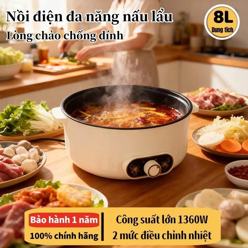 Lẩu điện đa chức năng 8L - Đun sôi nhanh, chống dính & dễ dàng làm sạch, điều khiển nhịp kép - Bảo hành 12 tháng