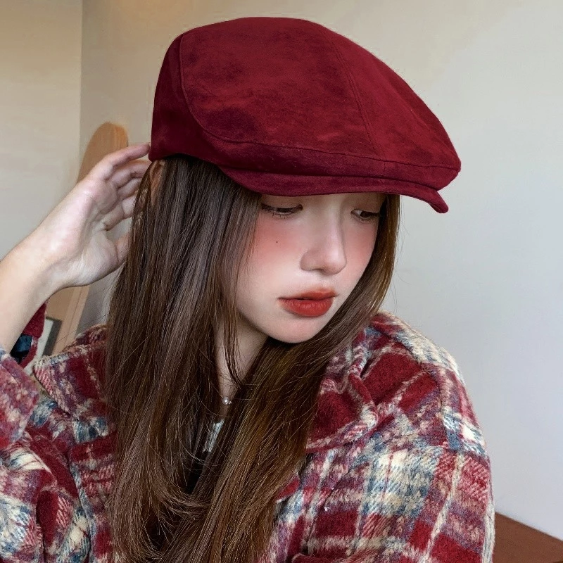 Đỏ Da Hươu Nhung Chuyển Tiếp Mũ Nữ Thu Đông Angola Đỏ Ngược Mặc Beret Phù Hợp Với Newsboy Họa Sĩ Mũ Thời Trang Hợp Thời Trang