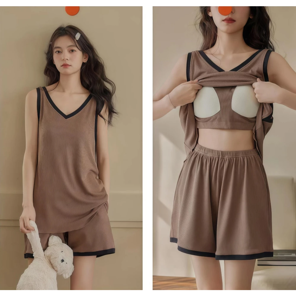 【Len tơ có miếng ngực】 Bộ đồ ngủ mùa hè bán chạy dành cho nữ, mát lạnh, áo ngắn tay + quần sooc, bộ mặc nhà - Nhiều màu sắc