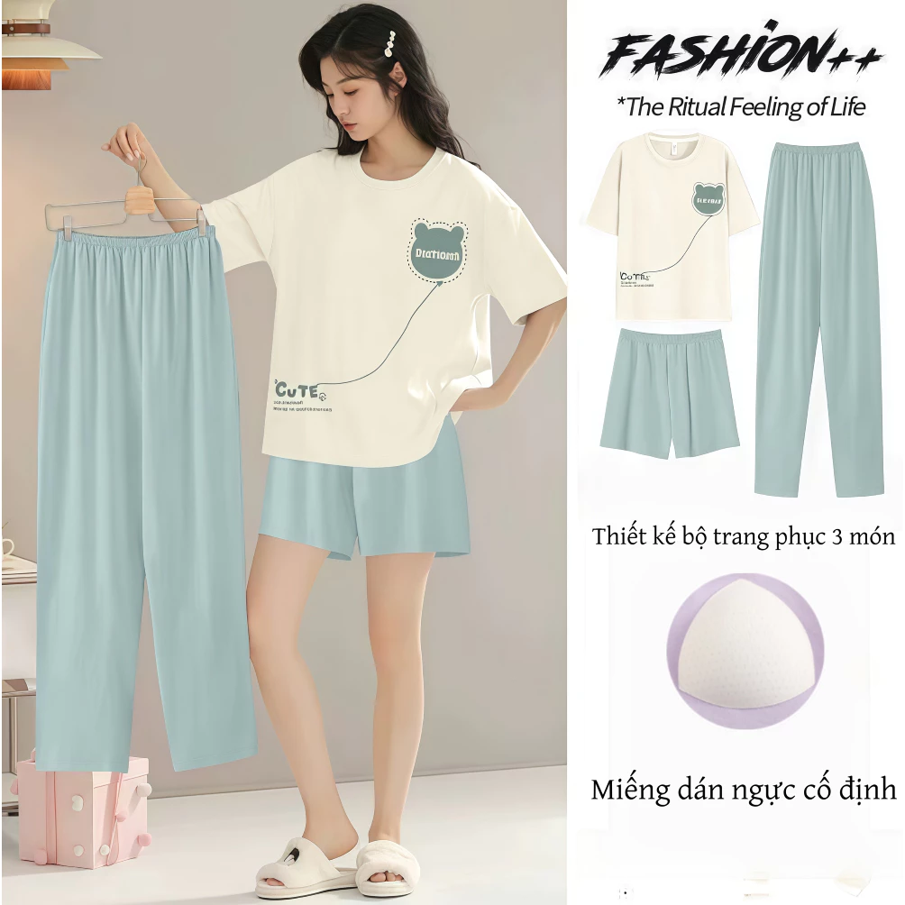 【Có đệm ngực】Đồ ngủ nữ kiểu Xuân Thu - có đệm ngực, họa tiết in hoạt hình dễ thương, chất liệu thoáng khí dễ chịu, phù hợp mặc ở nhà hoặc ra ngoài. Bộ sản phẩm gồm 3 món: áo ngắn tay + quần dài + quần cộc.