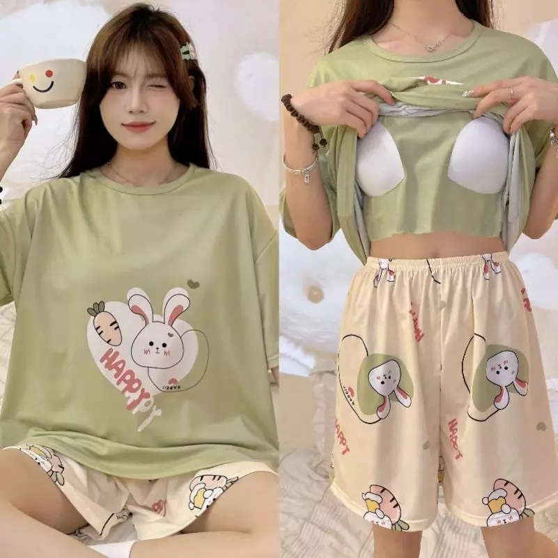 【Có độn ngực】Bộ đồ ngủ nữ mặc nhà hè dễ thương, áo thun rộng in họa tiết động vật, có miếng ngực tiện lợi kèm quần short