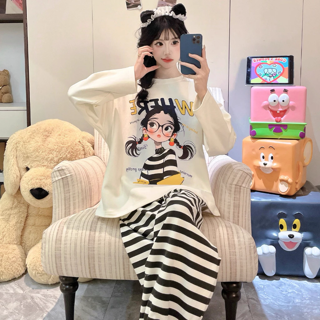 Bộ Đồ Ngủ Nữ Tay Dài Bằng Vải Mây Cotton - Có Sẵn Đệm Ngực, Form Rộng Size Lớn, Họa Tiết Hoạt Hình Dễ Thương, Đồ Mặc Nhà Thoải Mái Cho Mùa Xuân Thu