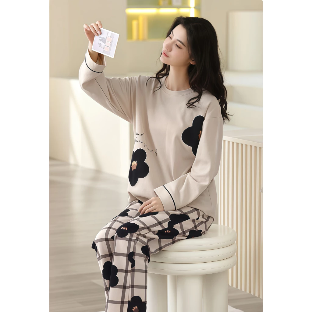 【Mẫu khuyến mãi giá rẻ】Đồ ngủ nữ tay dài quần dài mùa thu đông - Thiết kế thời trang tối giản, mặc nhà thoải mái