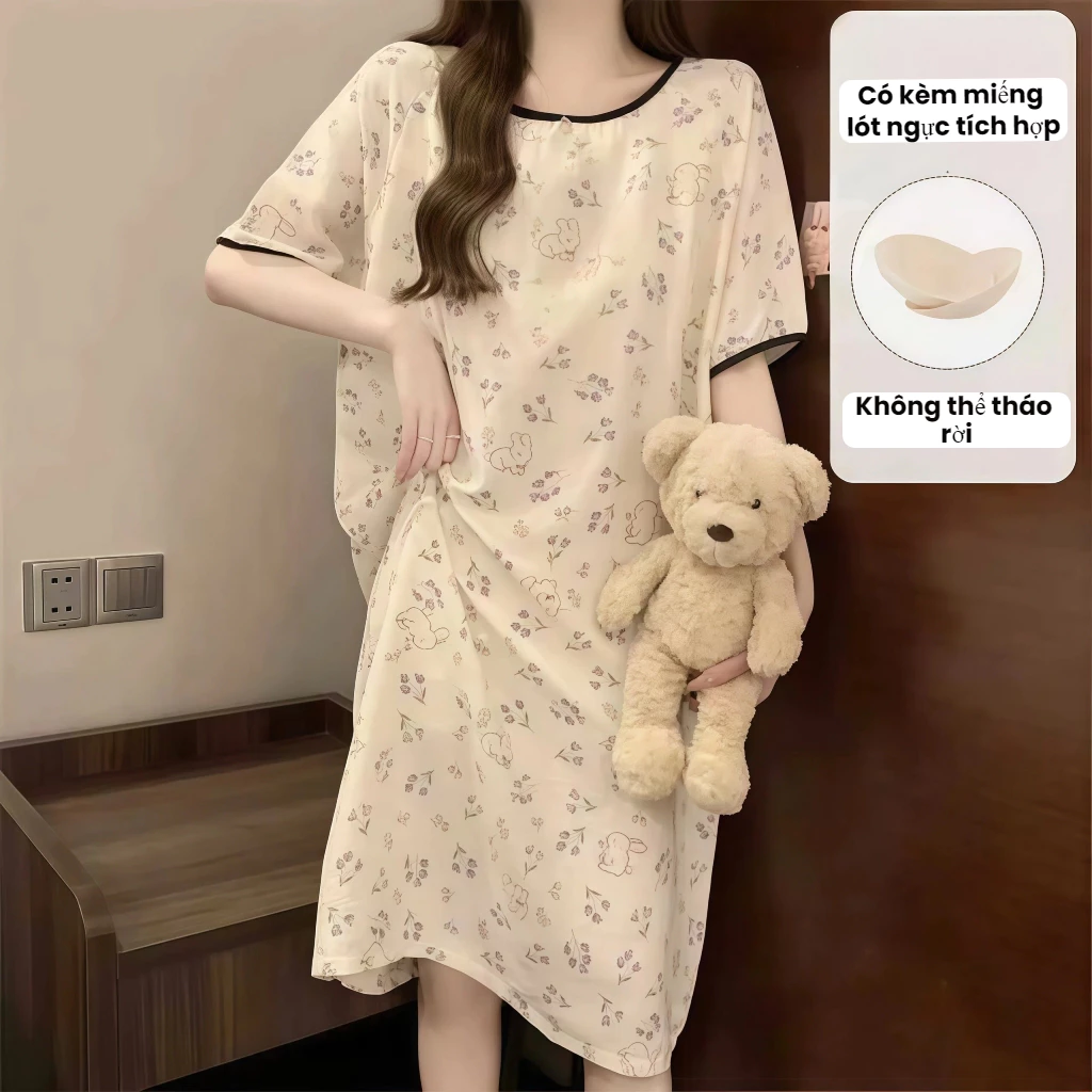 【Bông nguyên chất có miếng lót ngực】Váy ngủ dài mùa hè cho nữ, dáng rộng thoáng khí, cổ tròn, đang bán chạy - Chất liệu mềm mại, phong cách trong sáng nhẹ nhàng, tối giản