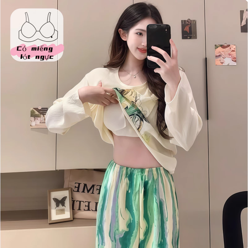 【Có đệm ngực】Đồ ngủ nữ dễ thương bằng cotton, có đệm ngực, thoải mái, mặc nhà hoặc mặc ngoài đều phù hợp (tay dài + quần dài).
