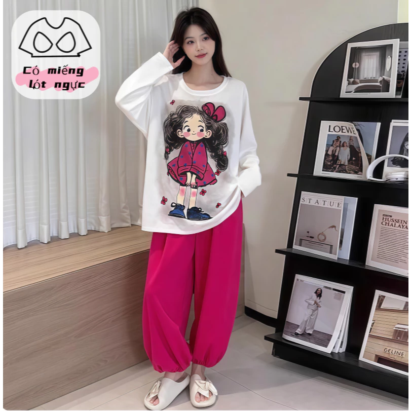 【Mẫu bán chạy có đệm ngực】Bộ đồ ngủ mặc nhà cao cấp kiểu Hàn Quốc, áo ngủ tay dài quần dài chất cotton mềm mại mỏng nhẹ, thoáng mát dễ chịu