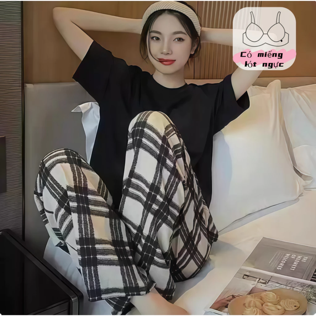 【có đệm ngực】Áo ngủ nữ tay ngắn quần dài cotton xuân thu cổ trơn trơn màu form rộng cạp chun mặc nhà mặc ngoài